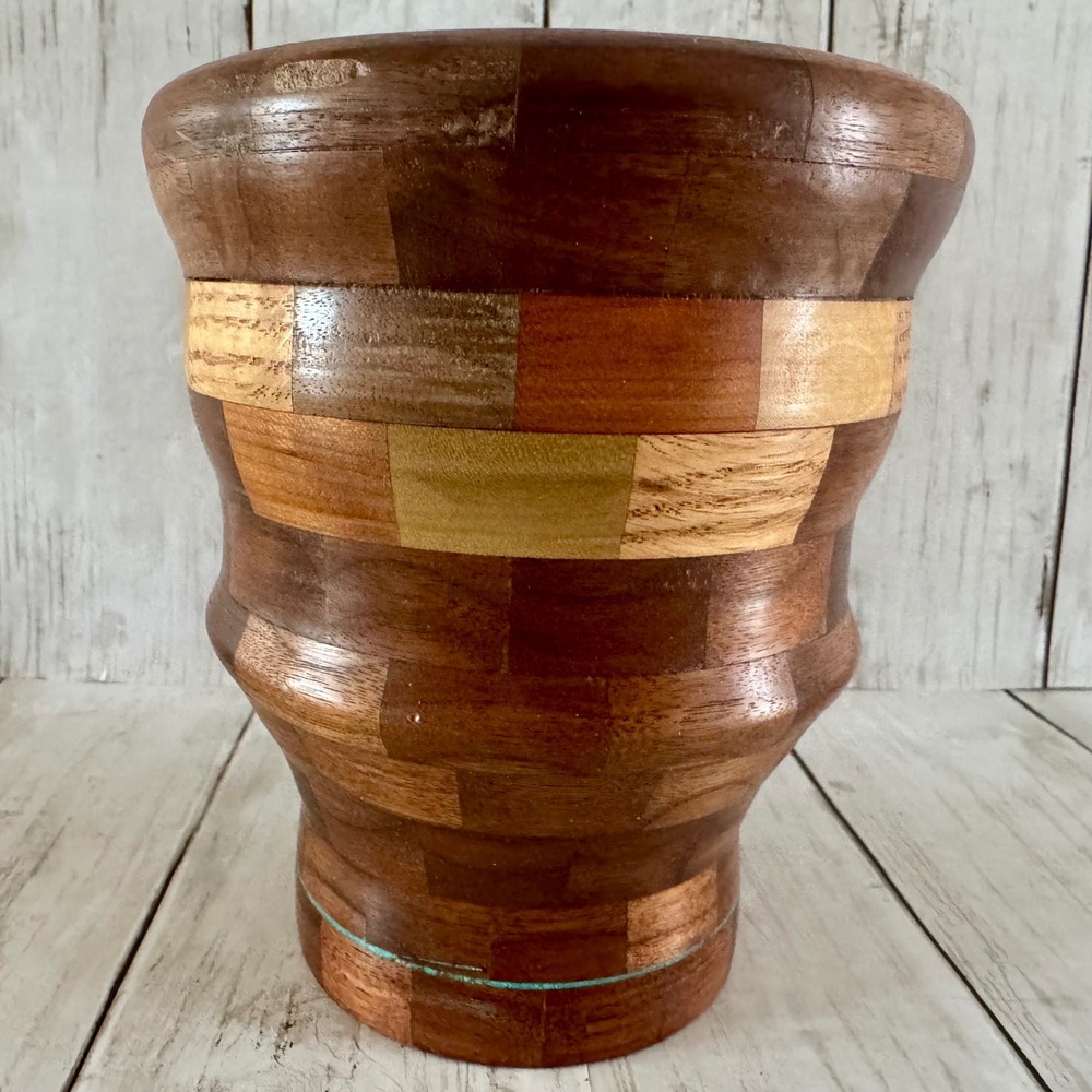 Handmade Segmented Wood Vase Turned Mixed Hardwood Turquoise Inlay Urn Vessel